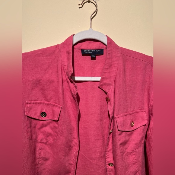 EUC Jones New York Womens Size L Pink 100% Linen Button Up Long Roll Tab Sleeve - Picture 2 of 3